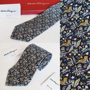 SALVATORE FERRAGAMO TIE BLUE SILK TIGER LIANA PRINT NEW AUTH w BOX 3" WIDTH